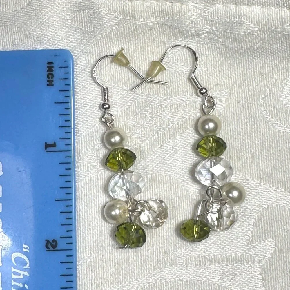 Handmade Sterling Silver Earrings W/ Freshwater Pearls & Green Multifaceted Crys - Picture 11 of 15